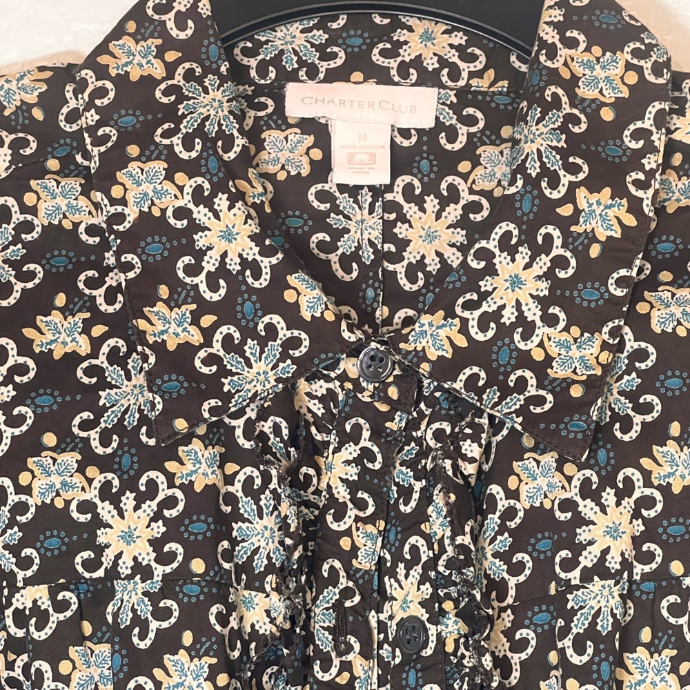 Charter Club Brown Long Sleeve Shirt with Green and Cream Floral Design.